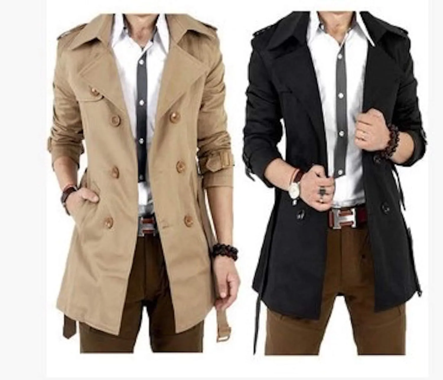Mens Trench Coat Jacket Belted Cotton Casual Lapel Windbreaker Overcoat