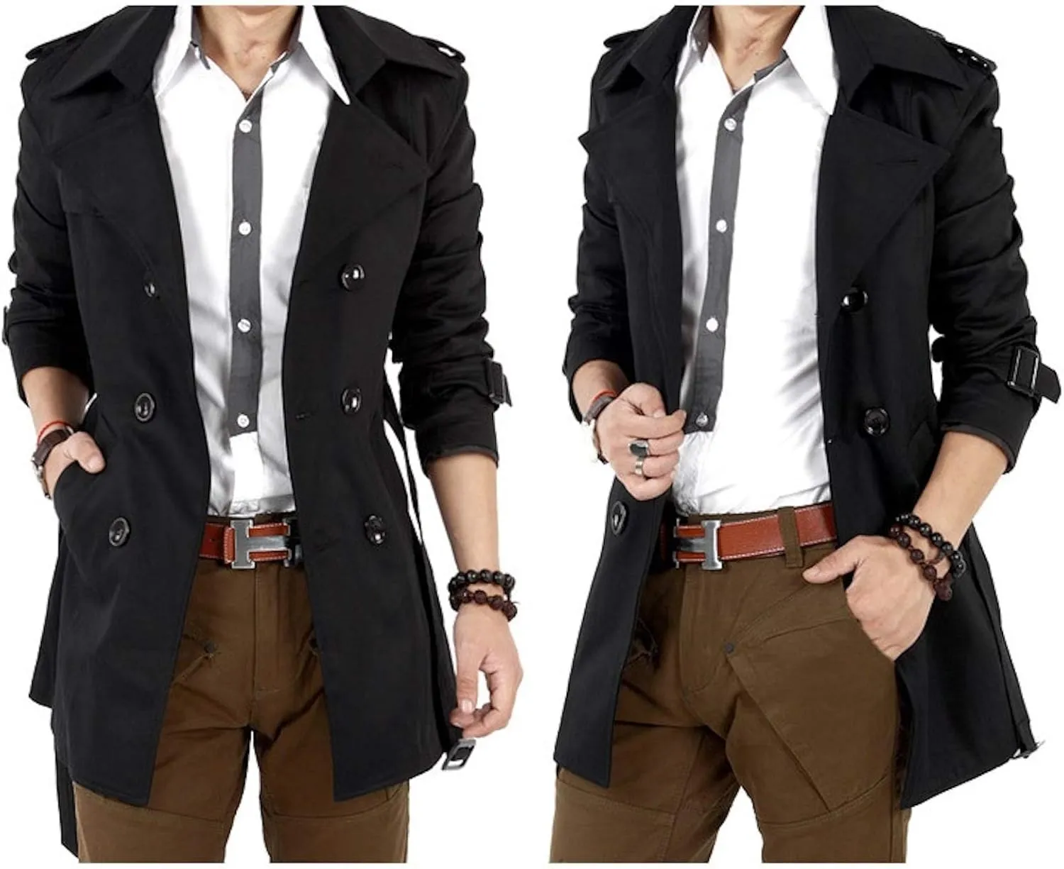 Mens Trench Coat Jacket Belted Cotton Casual Lapel Windbreaker Overcoat