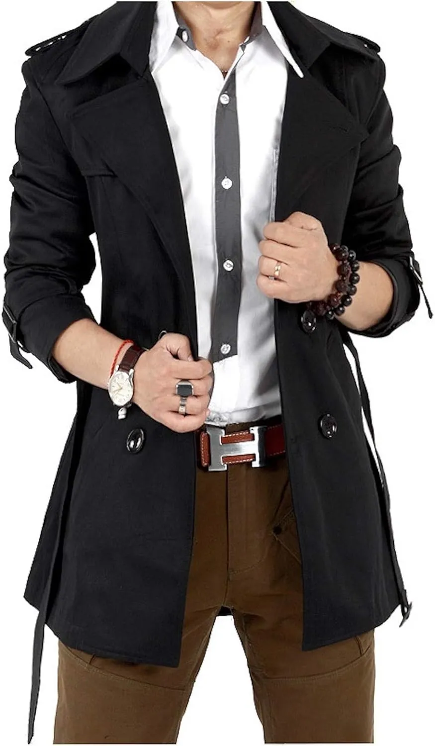 Mens Trench Coat Jacket Belted Cotton Casual Lapel Windbreaker Overcoat