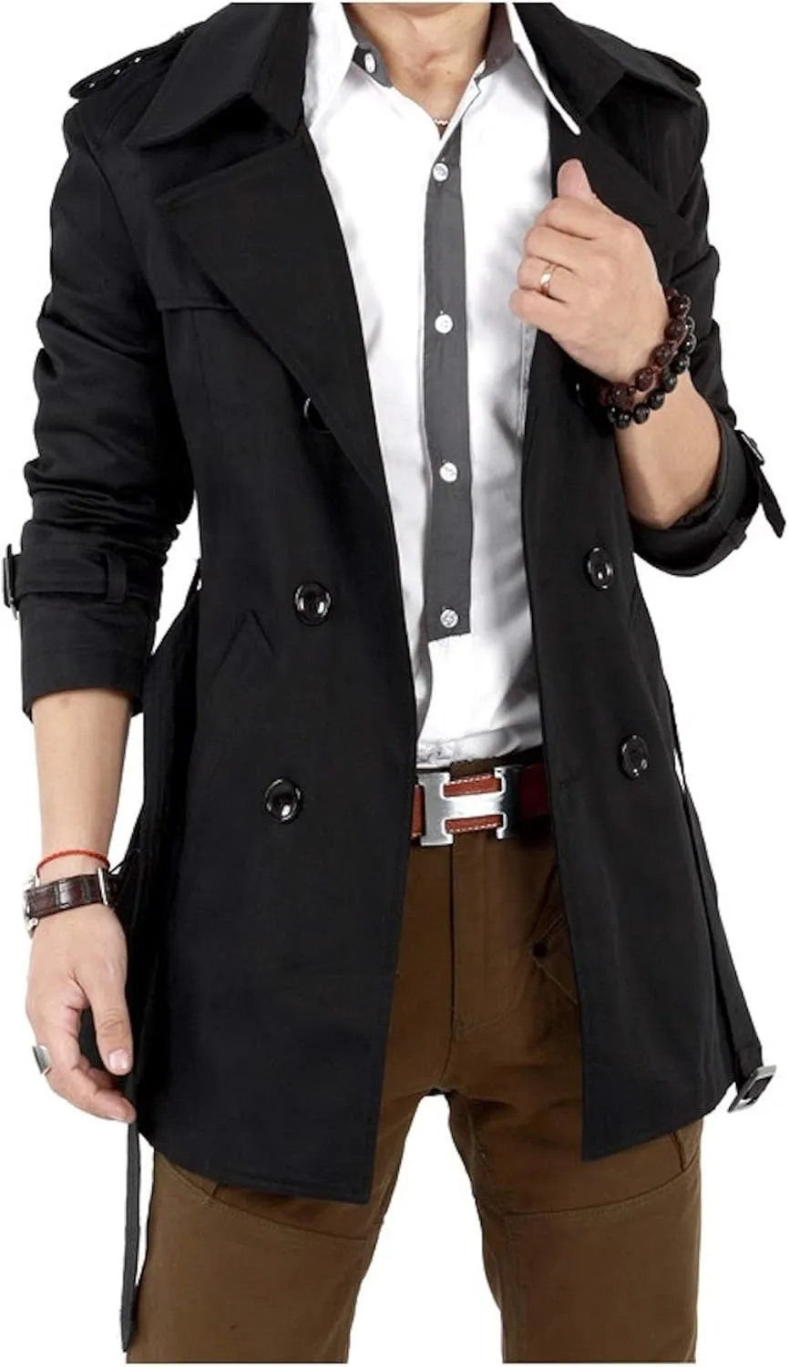 Mens Trench Coat Jacket Belted Cotton Casual Lapel Windbreaker Overcoat