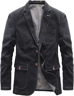 Men's Vintage Casual Work Wear Faux Denim Suit Blazer Jacket Two Button Lapel Open Front Daily Business Sport Coat