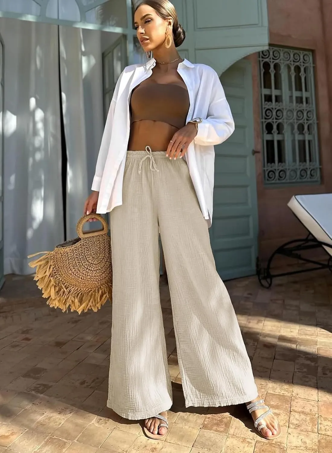 miduo Womens Cotton Drawstring Elastic High Waist Palazzo Pants Wide Leg Pants Casual Lounge Pant Trousers