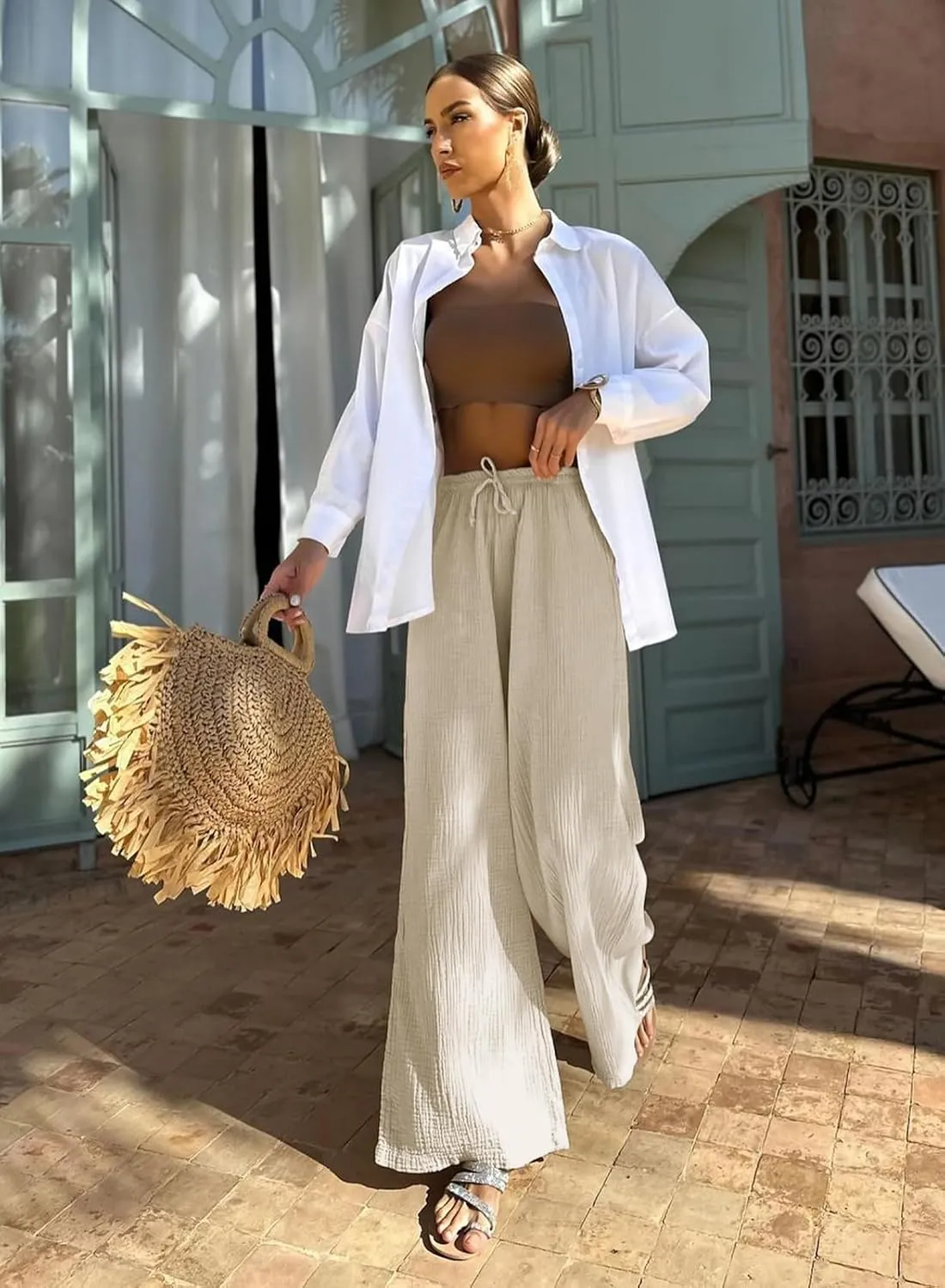 miduo Womens Cotton Drawstring Elastic High Waist Palazzo Pants Wide Leg Pants Casual Lounge Pant Trousers