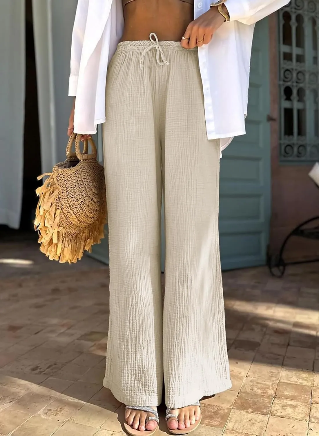 miduo Womens Cotton Drawstring Elastic High Waist Palazzo Pants Wide Leg Pants Casual Lounge Pant Trousers