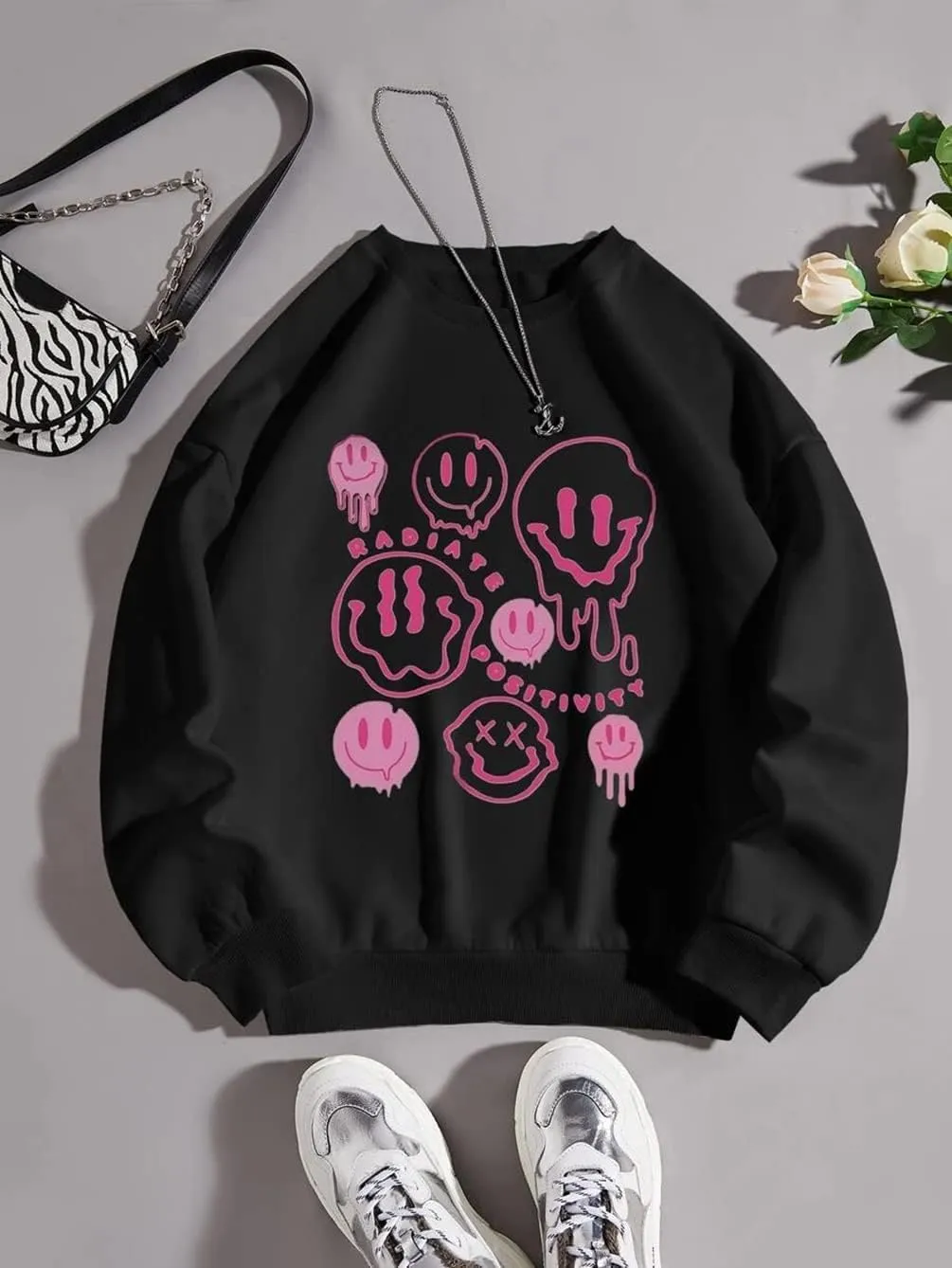 MISSACTIVER Women's Funny Graphic Oversized Sweatshirts Solid Casual Crewneck Long Sleeve Drop Shoulder Fleece Pullover Top