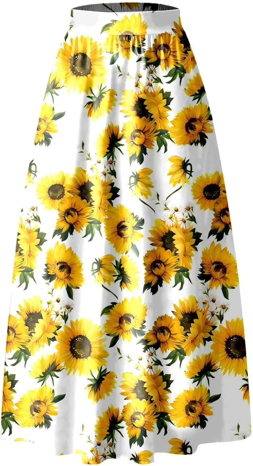 Miyaomn Women's Boho Floral Printed Maxi Skirt Summer Beach High Waisted Mopping Floor Length A Line Long Skirts with Pockets