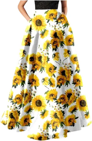 Miyaomn Women's Boho Floral Printed Maxi Skirt Summer Beach High Waisted Mopping Floor Length A Line Long Skirts with Pockets