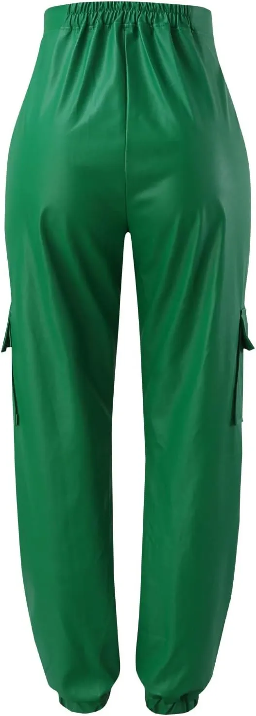 Miyaomn Womens Stretch Faux Leather Pants High Waisted Cuffed Ankle PU Leather Trousers Baggy Jogger Cargo Pants with Pockets