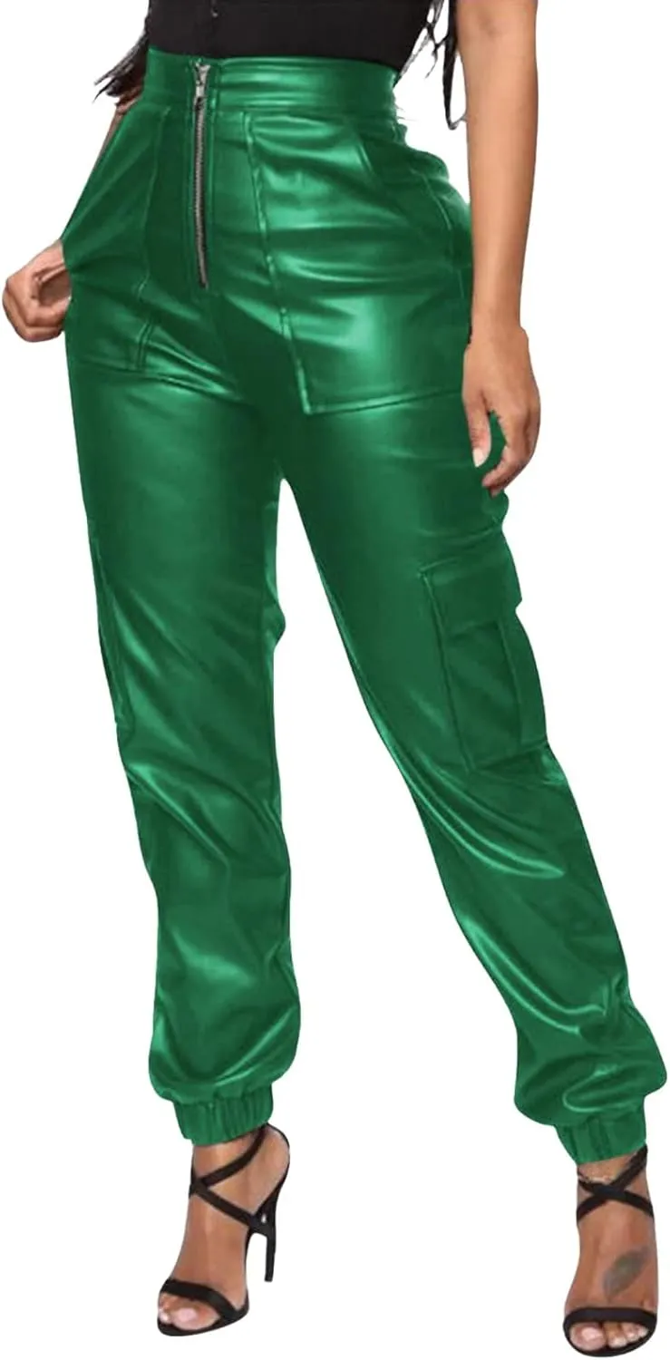 Miyaomn Womens Stretch Faux Leather Pants High Waisted Cuffed Ankle PU Leather Trousers Baggy Jogger Cargo Pants with Pockets