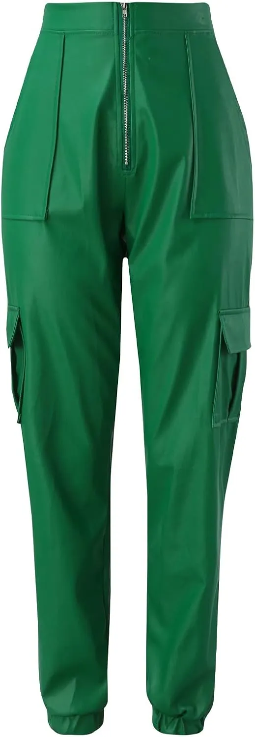 Miyaomn Womens Stretch Faux Leather Pants High Waisted Cuffed Ankle PU Leather Trousers Baggy Jogger Cargo Pants with Pockets