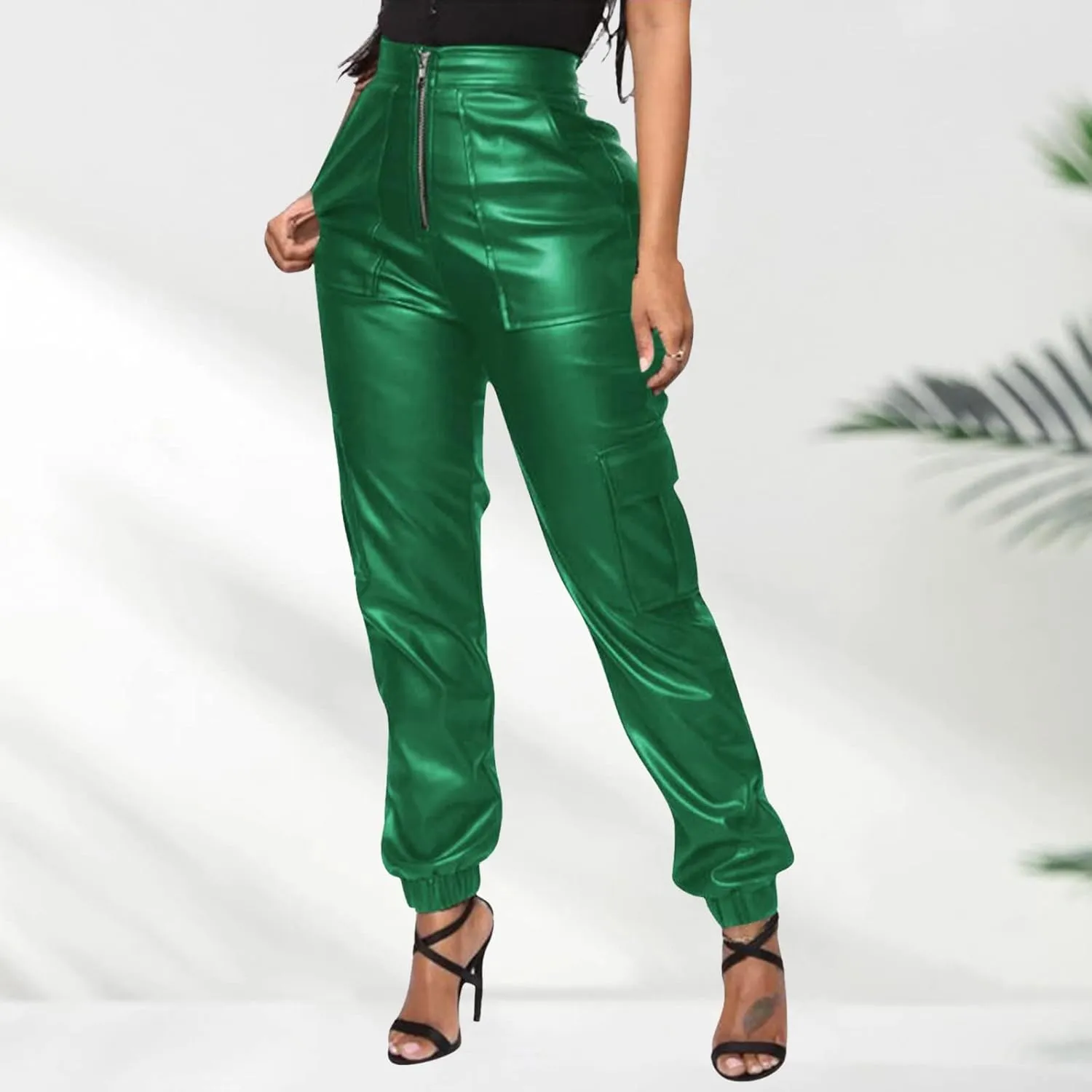 Miyaomn Womens Stretch Faux Leather Pants High Waisted Cuffed Ankle PU Leather Trousers Baggy Jogger Cargo Pants with Pockets