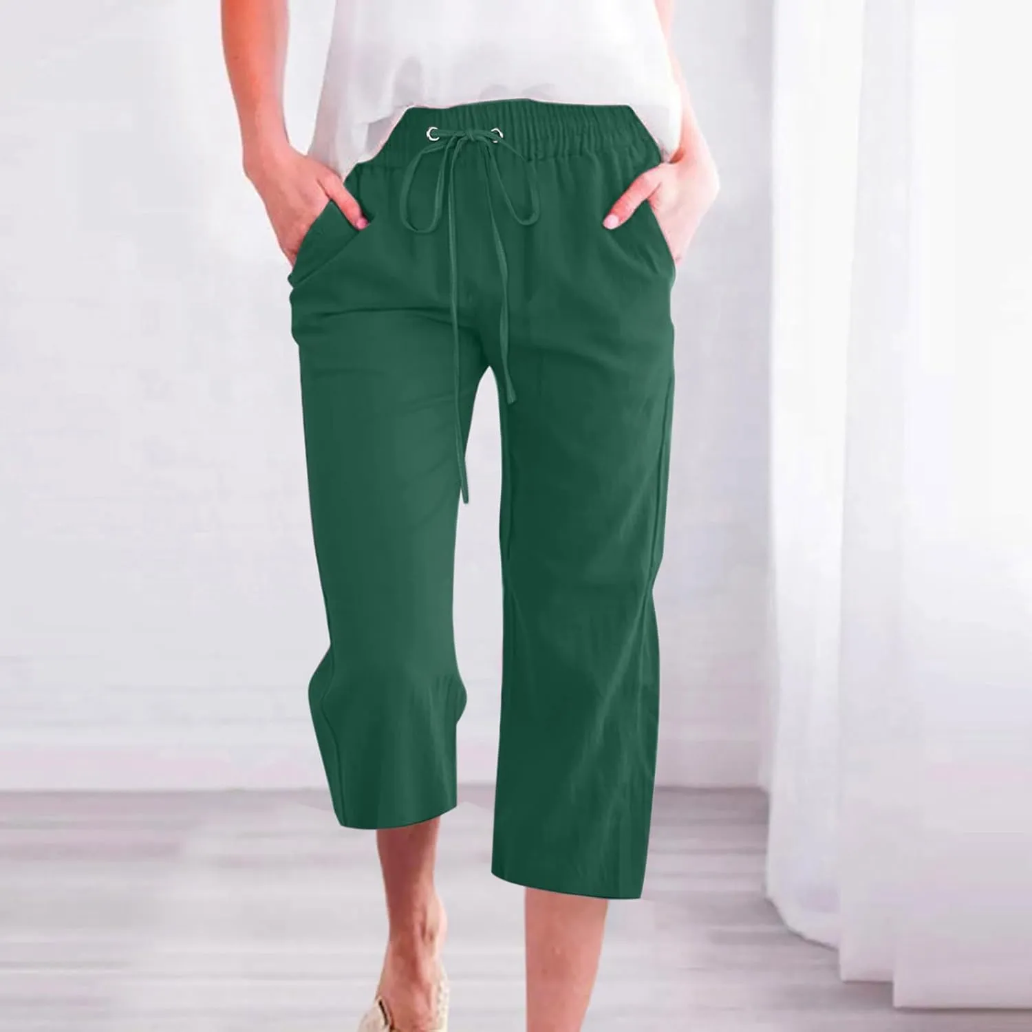 Mzkdieey Capri Pants for Women High Waisted Wide Leg Cotton Linen Cropped Trousers Summer Flowy Lounge Pants with Pockets