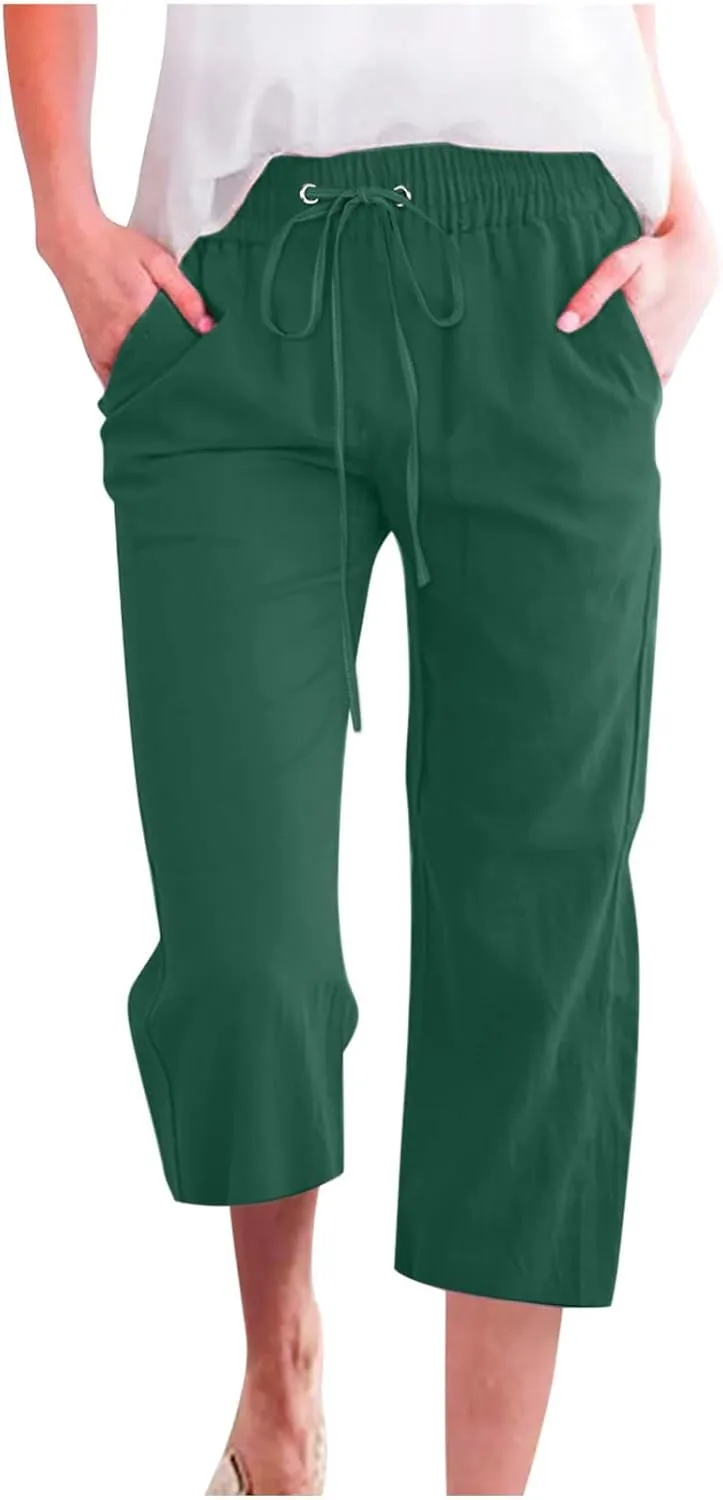 Mzkdieey Capri Pants for Women High Waisted Wide Leg Cotton Linen Cropped Trousers Summer Flowy Lounge Pants with Pockets