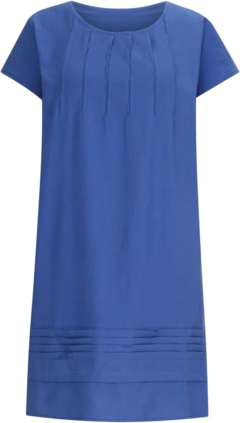 Mzkdieey Women's Cotton Linen Dress Summer Short Sleeve Pleated Midi Dresses Plus Size Plain Loose Beach Party T Shirt Dress