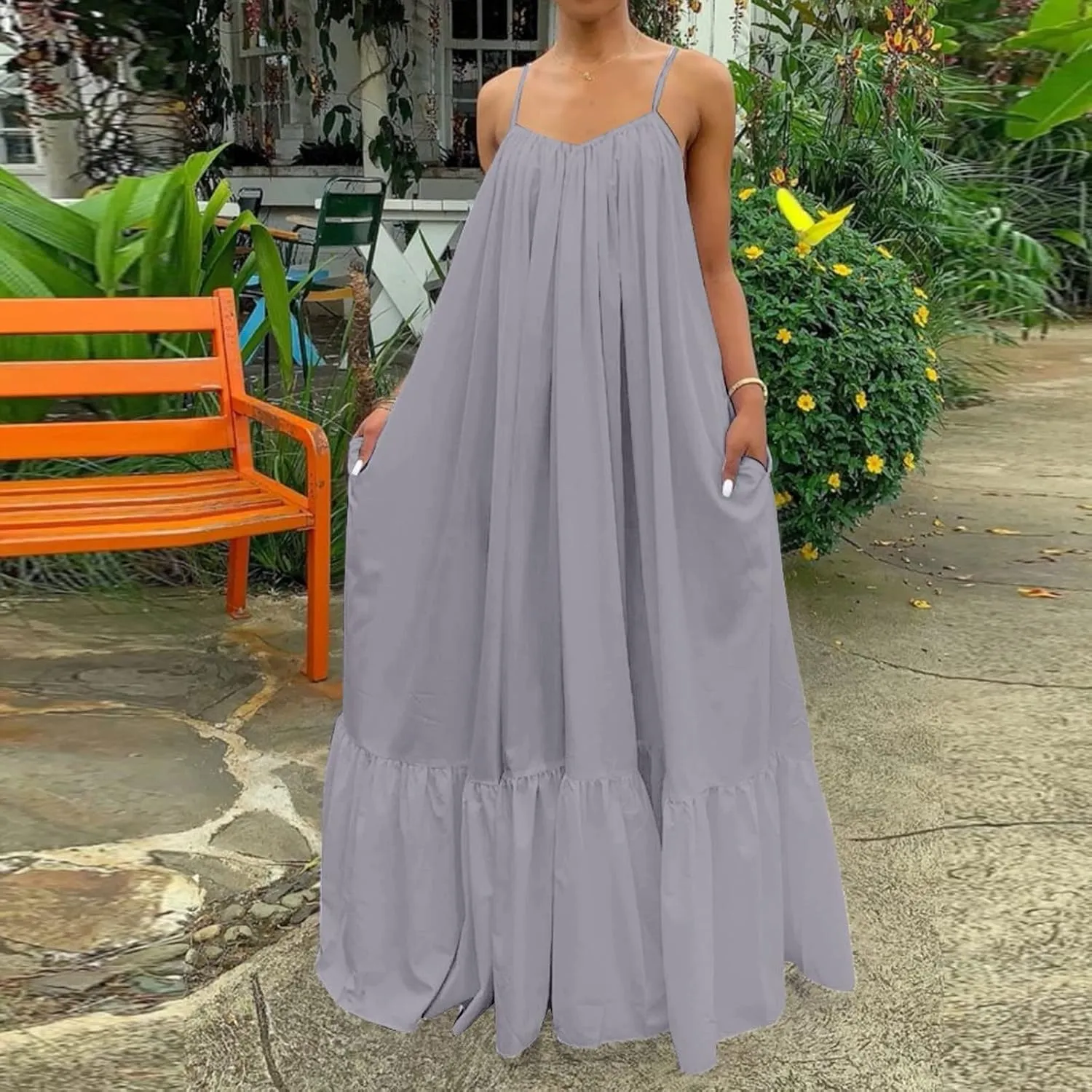 NaRHbrg Plus Size Women's Casual Loose Sundress Long Dress Sleeveless Maxi Dresses Summer Beach Flowy Dress with Pockets