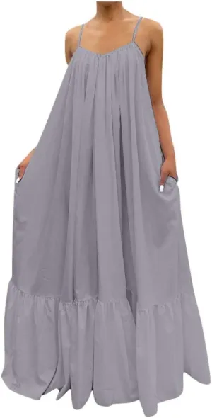 NaRHbrg Plus Size Women's Casual Loose Sundress Long Dress Sleeveless Maxi Dresses Summer Beach Flowy Dress with Pockets