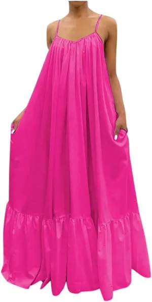 NaRHbrg Plus Size Women's Casual Loose Sundress Long Dress Sleeveless Maxi Dresses Summer Beach Flowy Dress with Pockets