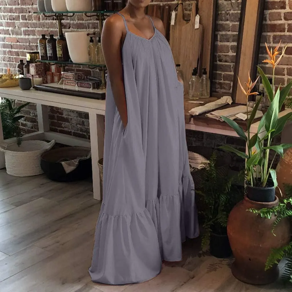 NaRHbrg Plus Size Women's Casual Loose Sundress Long Dress Sleeveless Maxi Dresses Summer Beach Flowy Dress with Pockets