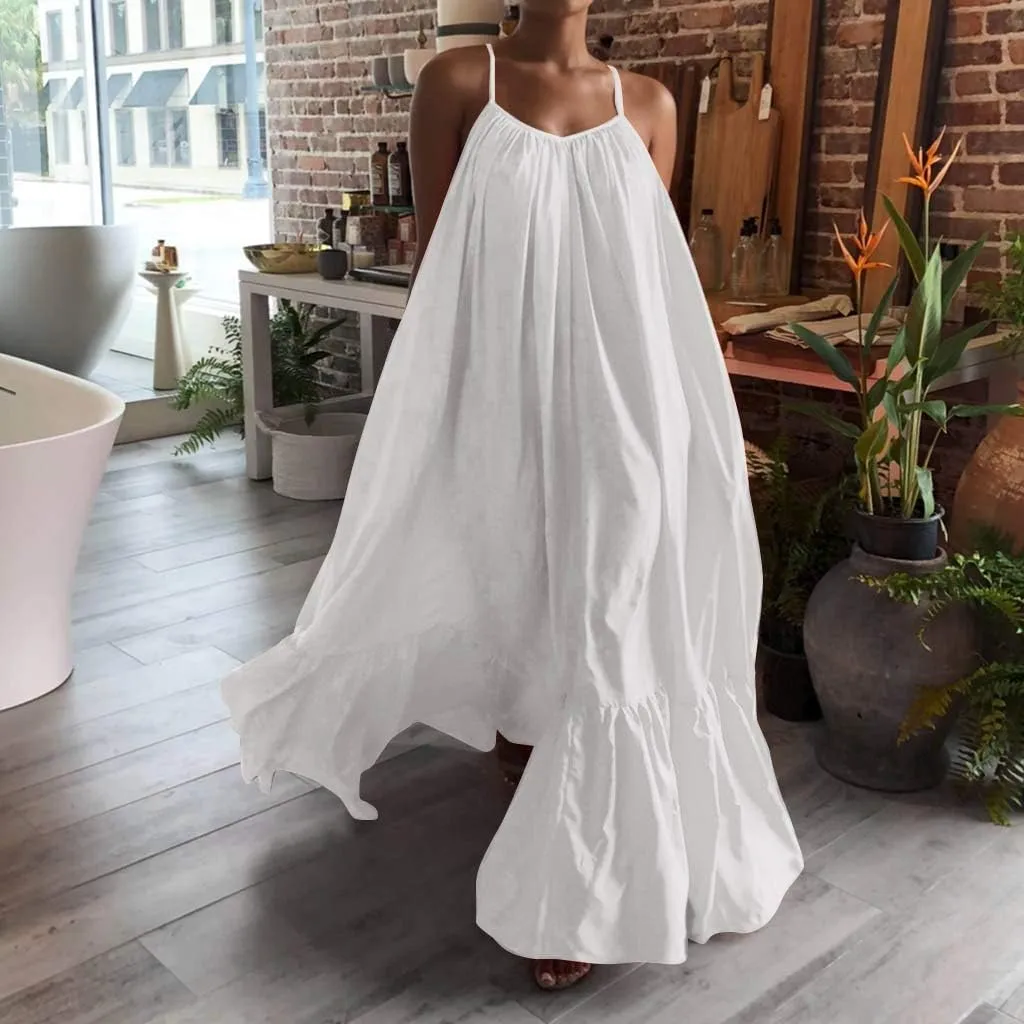 NaRHbrg Plus Size Women's Casual Loose Sundress Long Dress Sleeveless Maxi Dresses Summer Beach Flowy Dress with Pockets