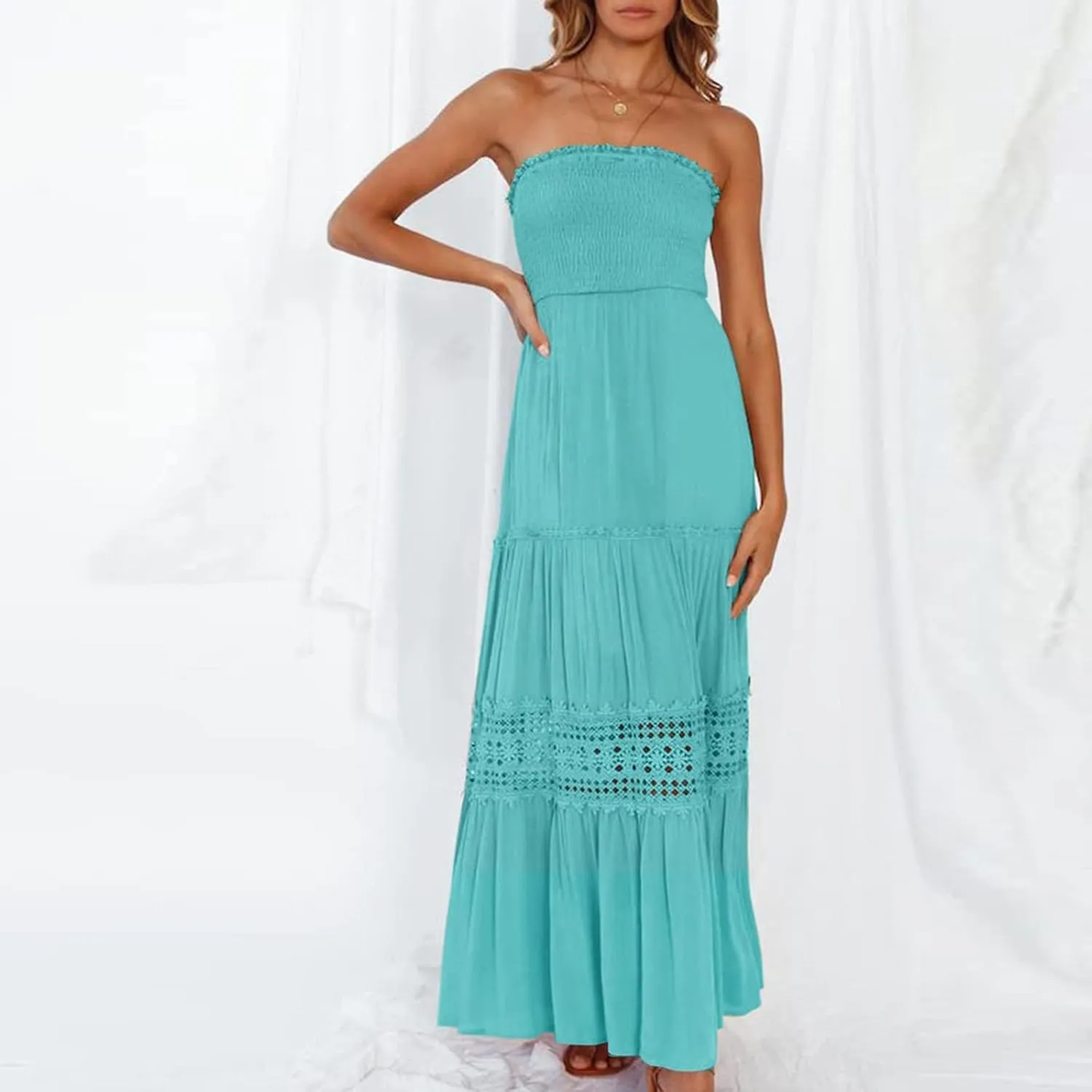 NaRHbrg Summer Dresses for Women 2024 Strapless Dress Boho Flowy Maxi Dress Tube Top Off Shoulder Sleeveless Long Sundress