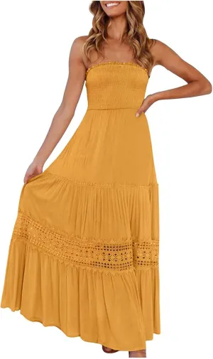 NaRHbrg Summer Dresses for Women 2024 Strapless Dress Boho Flowy Maxi Dress Tube Top Off Shoulder Sleeveless Long Sundress
