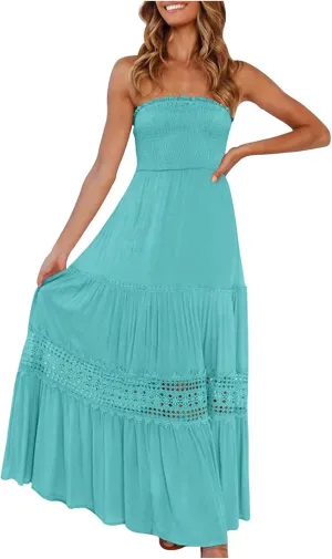NaRHbrg Summer Dresses for Women 2024 Strapless Dress Boho Flowy Maxi Dress Tube Top Off Shoulder Sleeveless Long Sundress