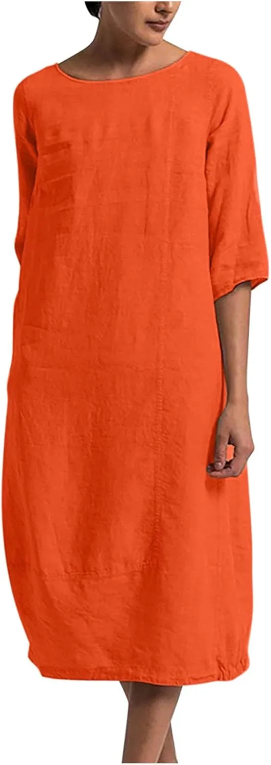 NaRHbrg Women's Cotton Linen Dresses Casual Loose Bohemian Dresses Short Sleeve Summer Beach Swing Dress Solid Color Sundress