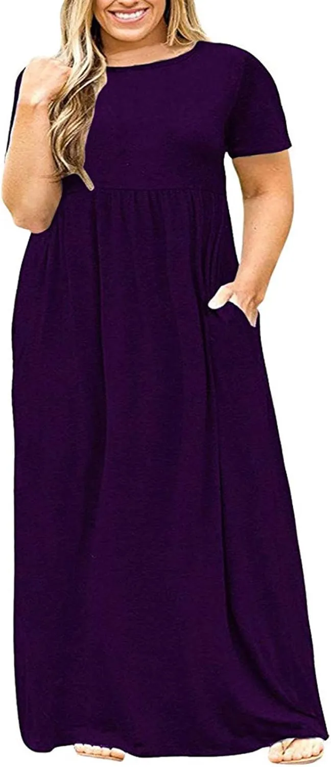 NaRHbrg Women's Plus Size Maxi Dress Short Sleeve A Line Flowy Casual Summer Loose Fit Long Dresses with Pockets