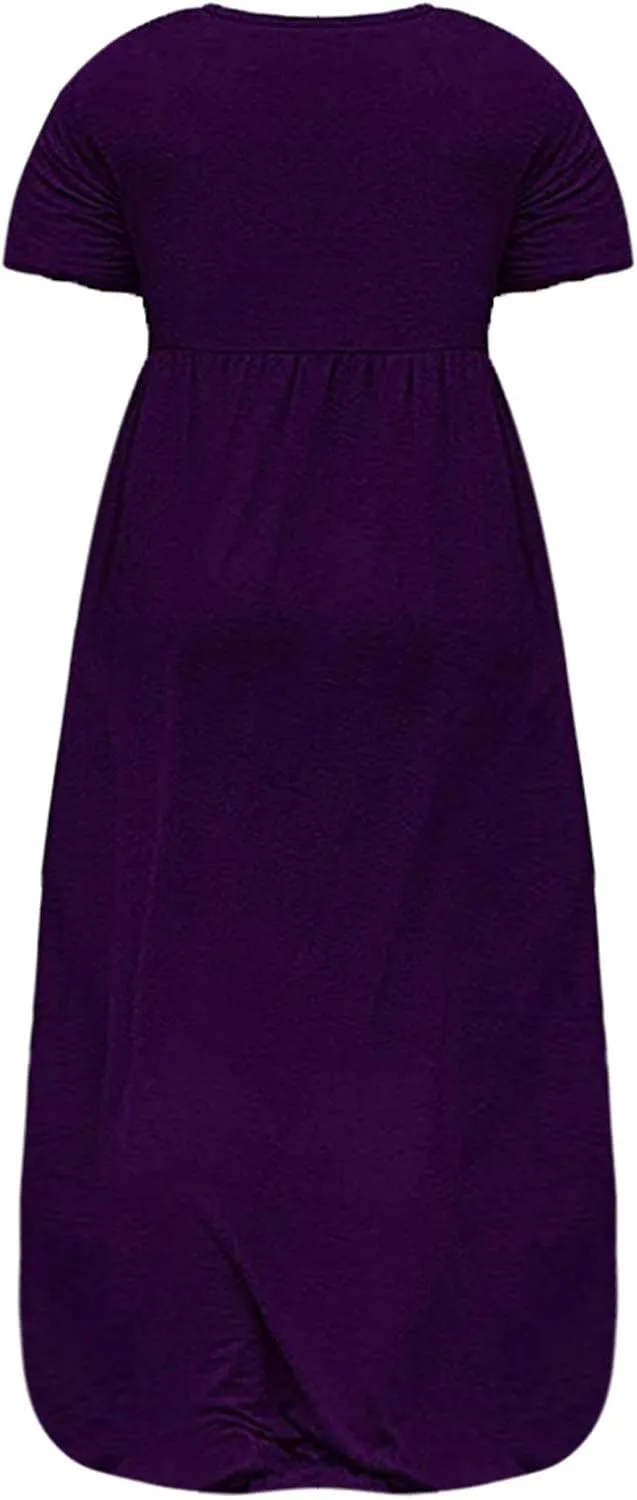 NaRHbrg Women's Plus Size Maxi Dress Short Sleeve A Line Flowy Casual Summer Loose Fit Long Dresses with Pockets