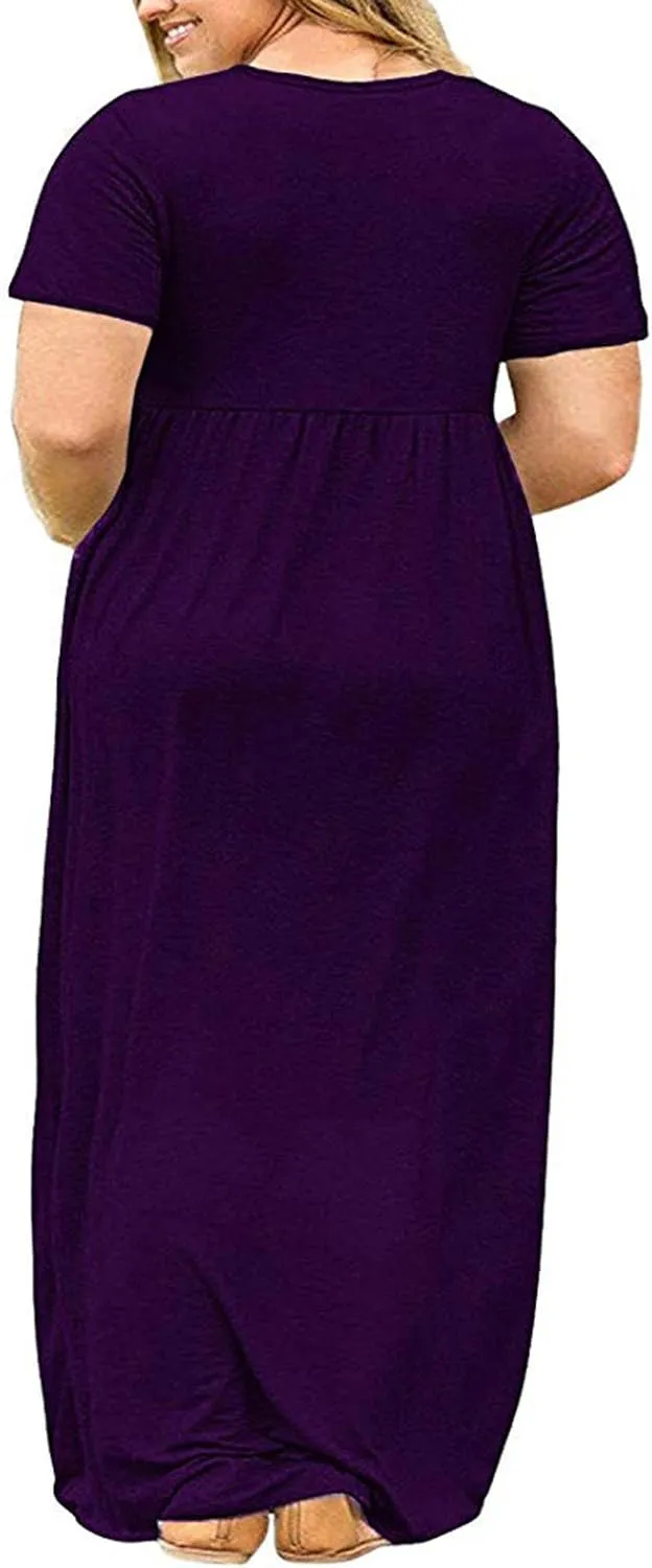 NaRHbrg Women's Plus Size Maxi Dress Short Sleeve A Line Flowy Casual Summer Loose Fit Long Dresses with Pockets