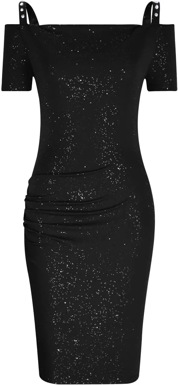 NaRHbrg Women's Ruched Bodycon Dresses Off Shoulder Short Sleeve Midi Dress V Neck Sequin Sparkle Glitzy Party Dress Clubwear