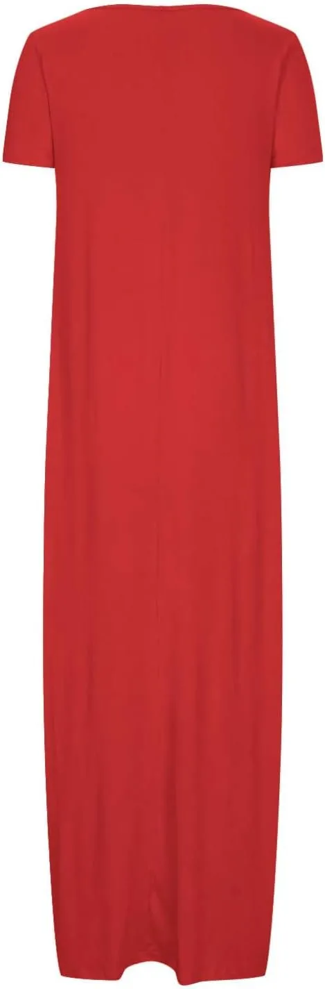 NaRHbrg Womens Summer Dress Casual Loose Plain Long Dress Round Neck Short Sleeve Maxi Dresses Crew Neck Flowy Beach Sundress