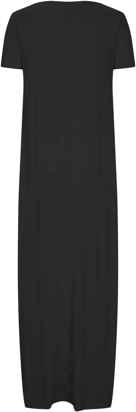 NaRHbrg Womens Summer Dress Casual Loose Plain Long Dress Round Neck Short Sleeve Maxi Dresses Crew Neck Flowy Beach Sundress