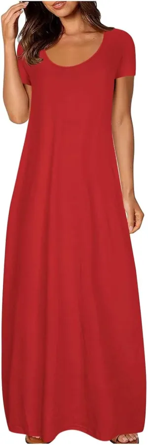 NaRHbrg Womens Summer Dress Casual Loose Plain Long Dress Round Neck Short Sleeve Maxi Dresses Crew Neck Flowy Beach Sundress