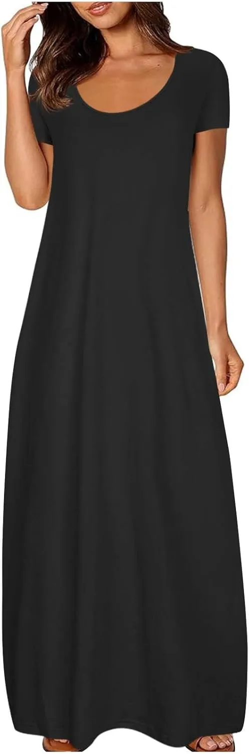 NaRHbrg Womens Summer Dress Casual Loose Plain Long Dress Round Neck Short Sleeve Maxi Dresses Crew Neck Flowy Beach Sundress
