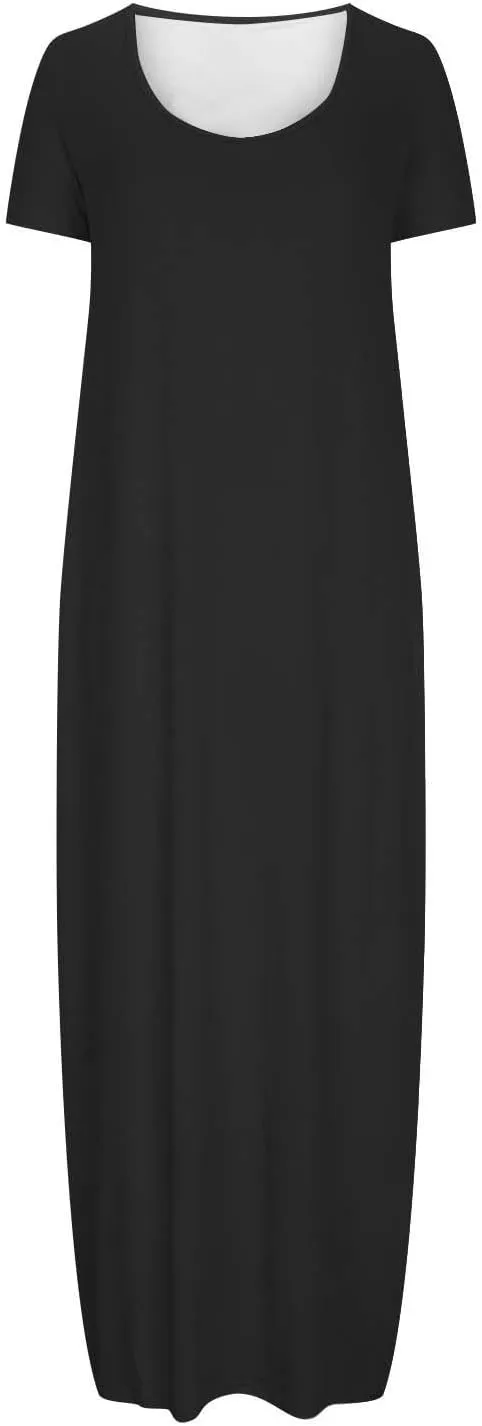 NaRHbrg Womens Summer Dress Casual Loose Plain Long Dress Round Neck Short Sleeve Maxi Dresses Crew Neck Flowy Beach Sundress