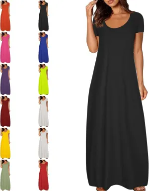 NaRHbrg Womens Summer Dress Casual Loose Plain Long Dress Round Neck Short Sleeve Maxi Dresses Crew Neck Flowy Beach Sundress