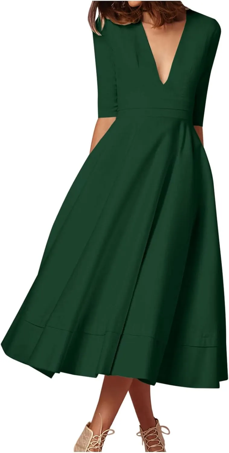 NaRHbrg Women's V-Neck Half Sleeve Midi Dress High Waist A-Line Elegant Flowy Party Dresses for Wedding