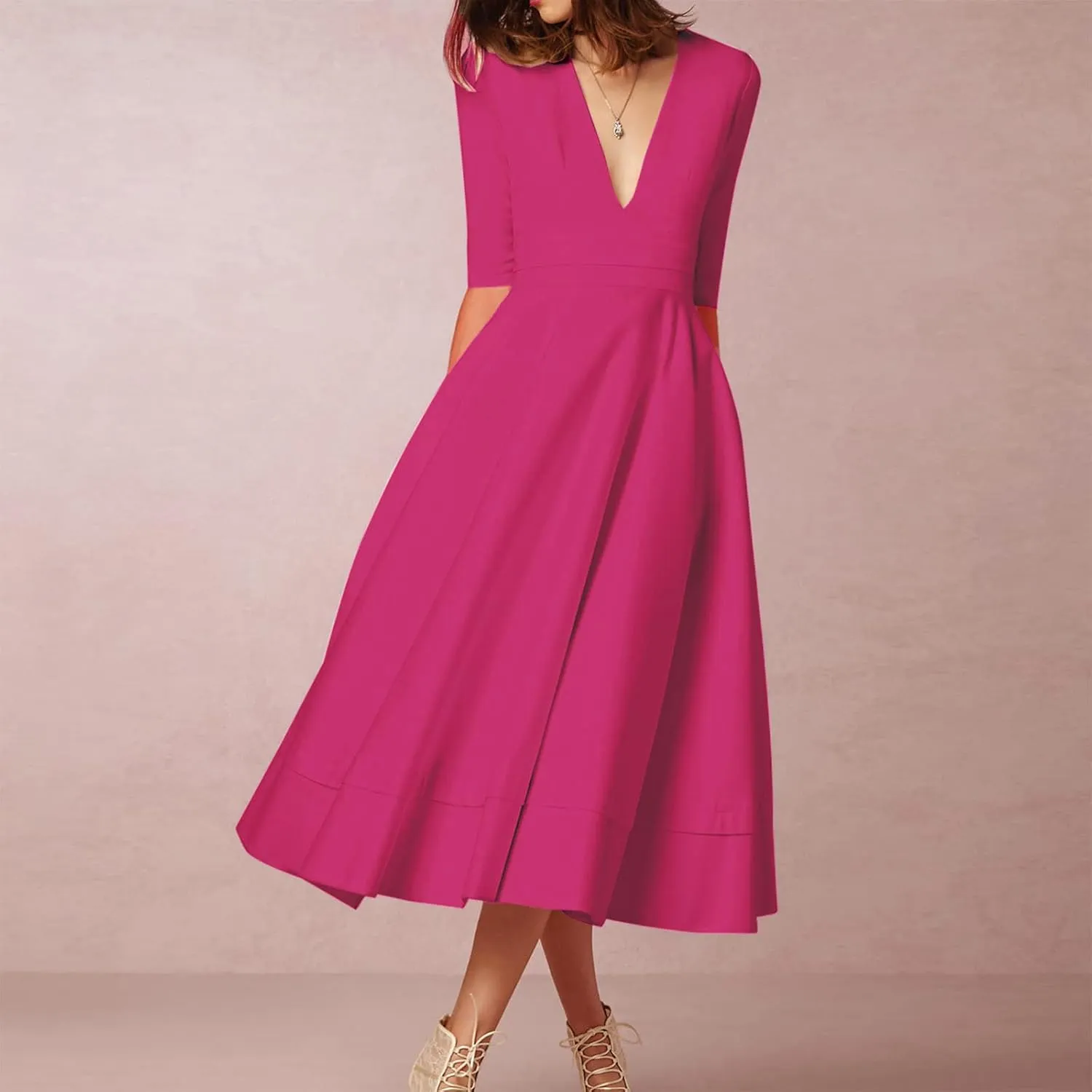NaRHbrg Women's V-Neck Half Sleeve Midi Dress High Waist A-Line Elegant Flowy Party Dresses for Wedding