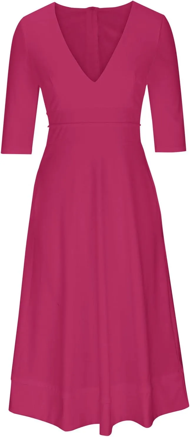NaRHbrg Women's V-Neck Half Sleeve Midi Dress High Waist A-Line Elegant Flowy Party Dresses for Wedding