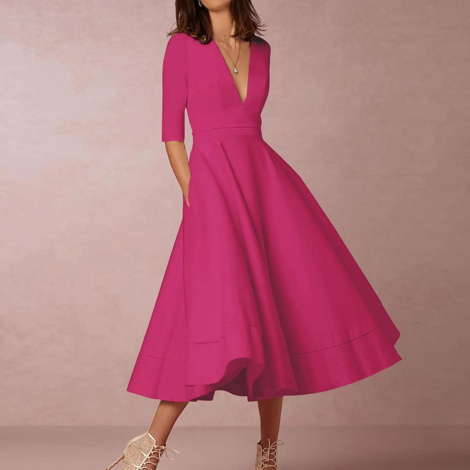 NaRHbrg Women's V-Neck Half Sleeve Midi Dress High Waist A-Line Elegant Flowy Party Dresses for Wedding
