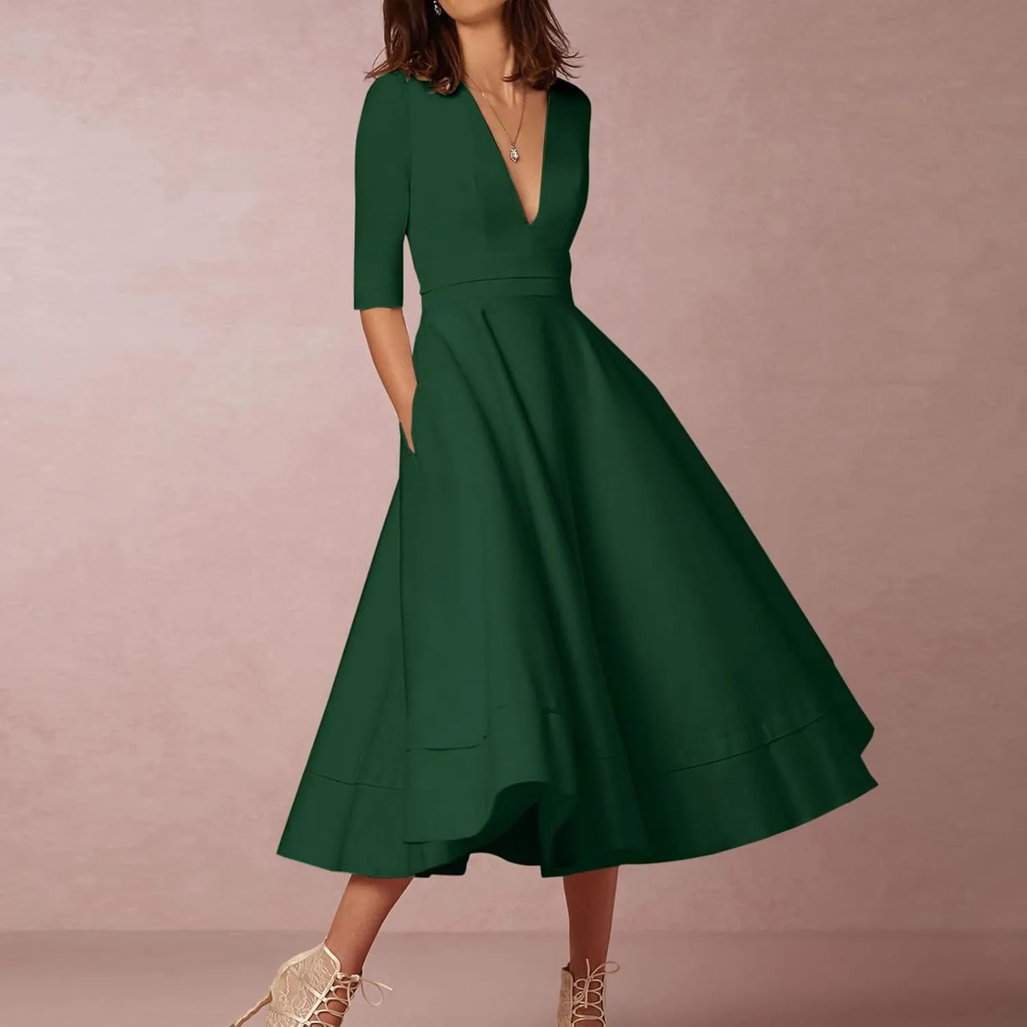 NaRHbrg Women's V-Neck Half Sleeve Midi Dress High Waist A-Line Elegant Flowy Party Dresses for Wedding