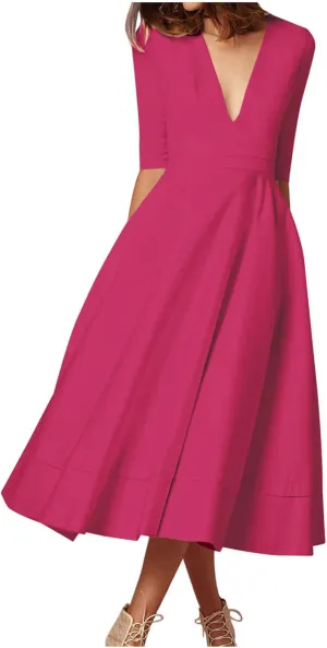 NaRHbrg Women's V-Neck Half Sleeve Midi Dress High Waist A-Line Elegant Flowy Party Dresses for Wedding