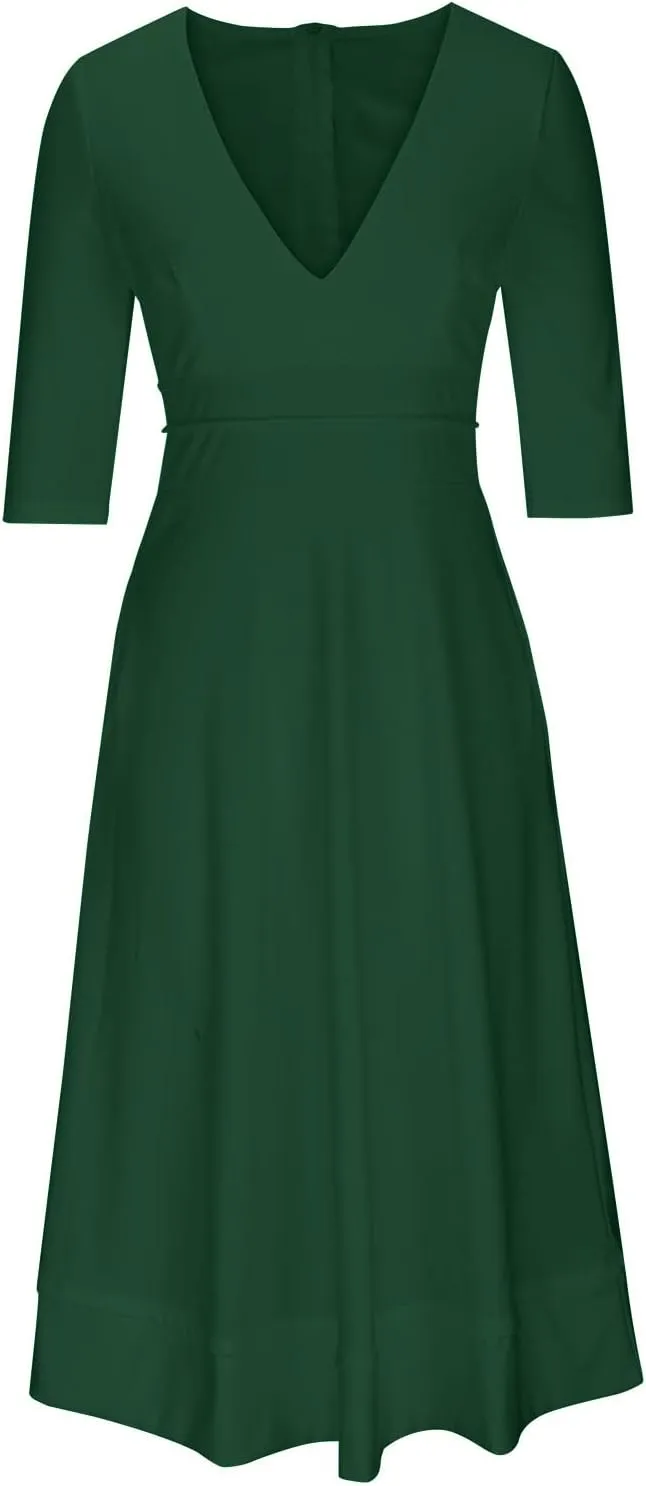NaRHbrg Women's V-Neck Half Sleeve Midi Dress High Waist A-Line Elegant Flowy Party Dresses for Wedding