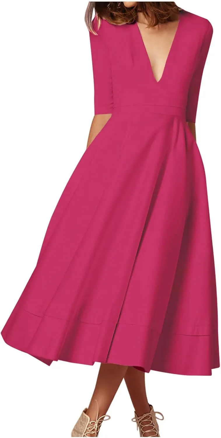 NaRHbrg Women's V-Neck Half Sleeve Midi Dress High Waist A-Line Elegant Flowy Party Dresses for Wedding