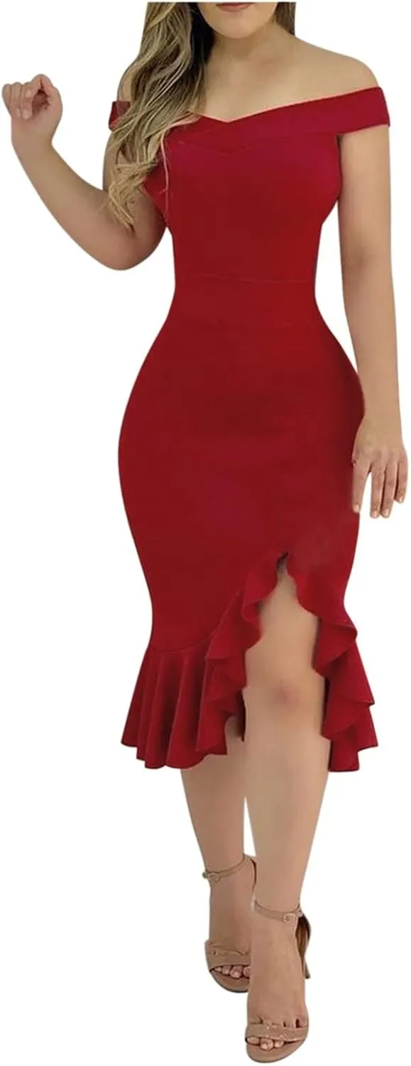 Off Shoulder Dress Ladies Sexy Slit Ruffle Irregular Hem Casual Open Back Plain Off Midi A-Line Zipper Cocktail