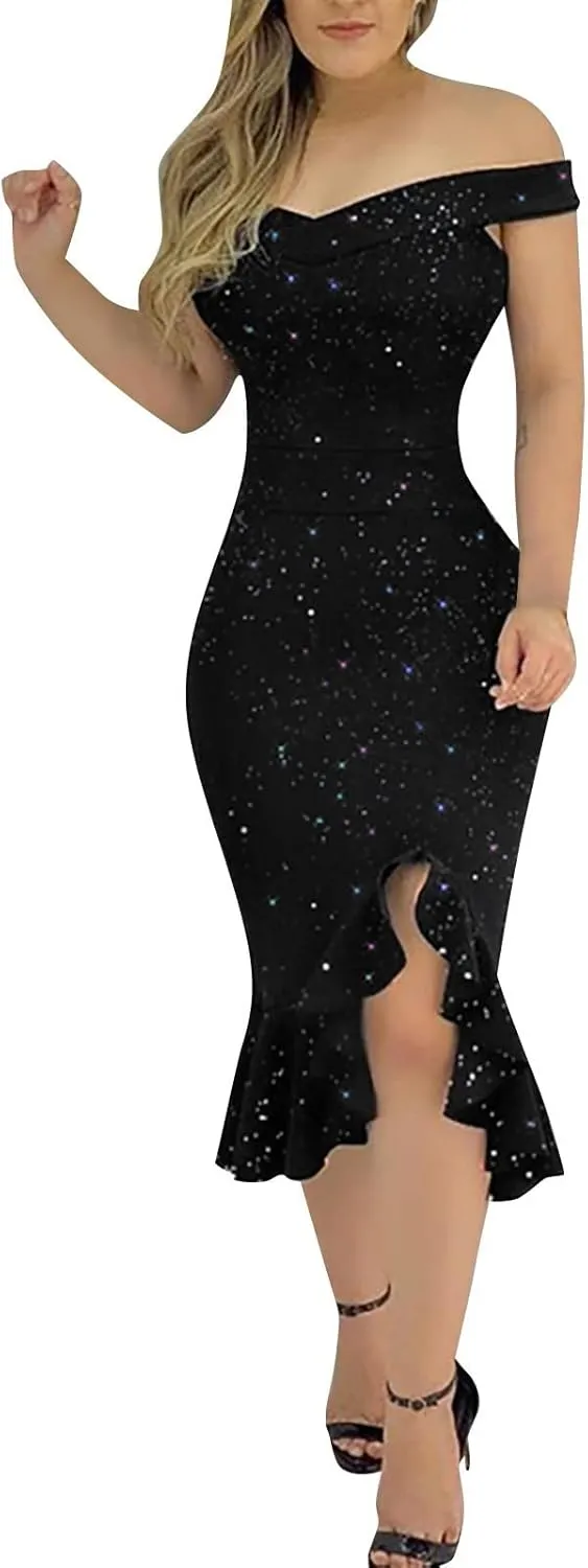 Off Shoulder Dress Ladies Sexy Slit Ruffle Irregular Hem Casual Open Back Plain Off Midi A-Line Zipper Cocktail