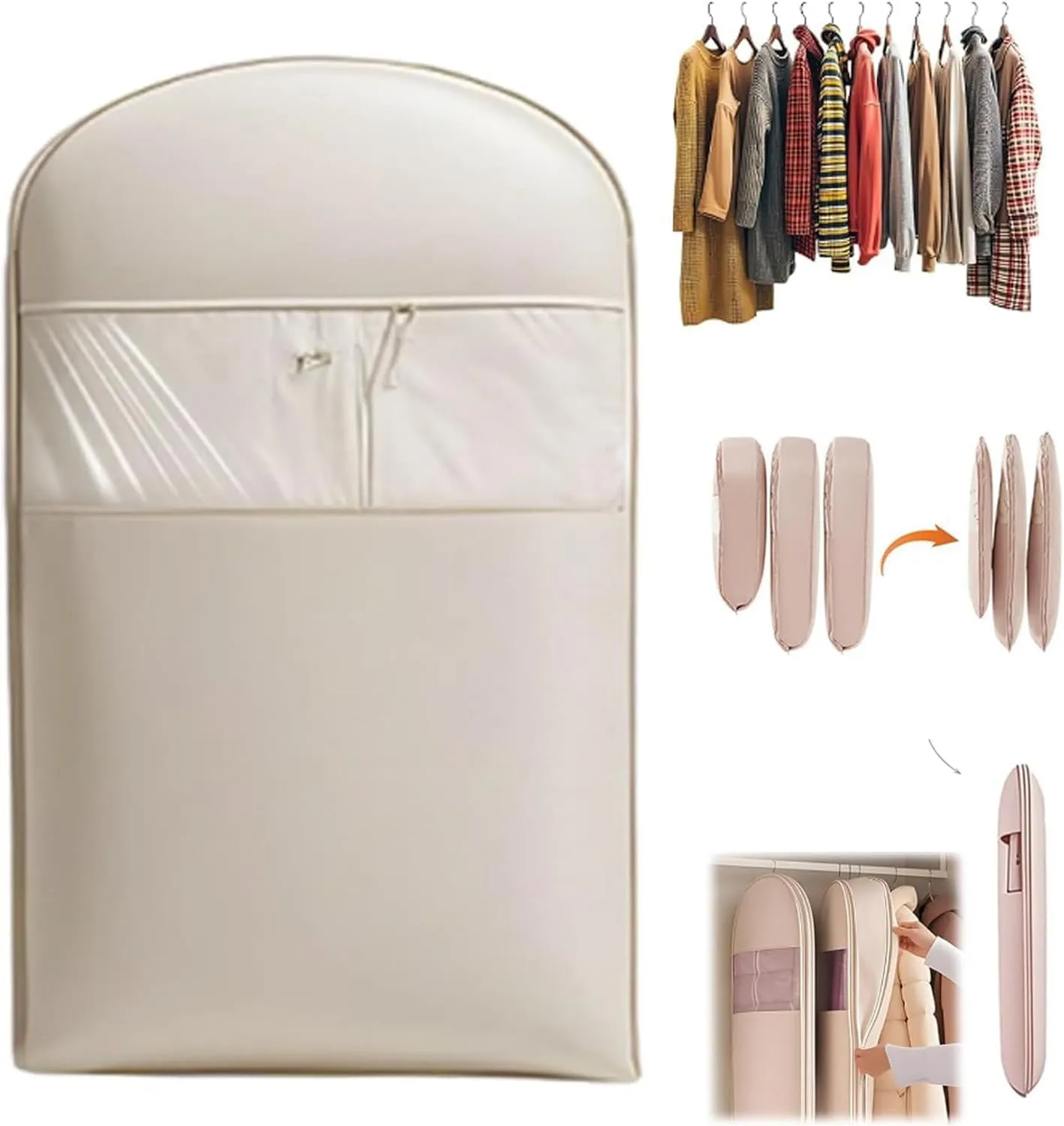 Otherwise Garment Bags For Hanging Clothes Space Saving With Self Compression Zipper, Otherwisie Storage Bags Dust Cover Clothes Bags For Down Coat For Closet Storage (Beige, M)