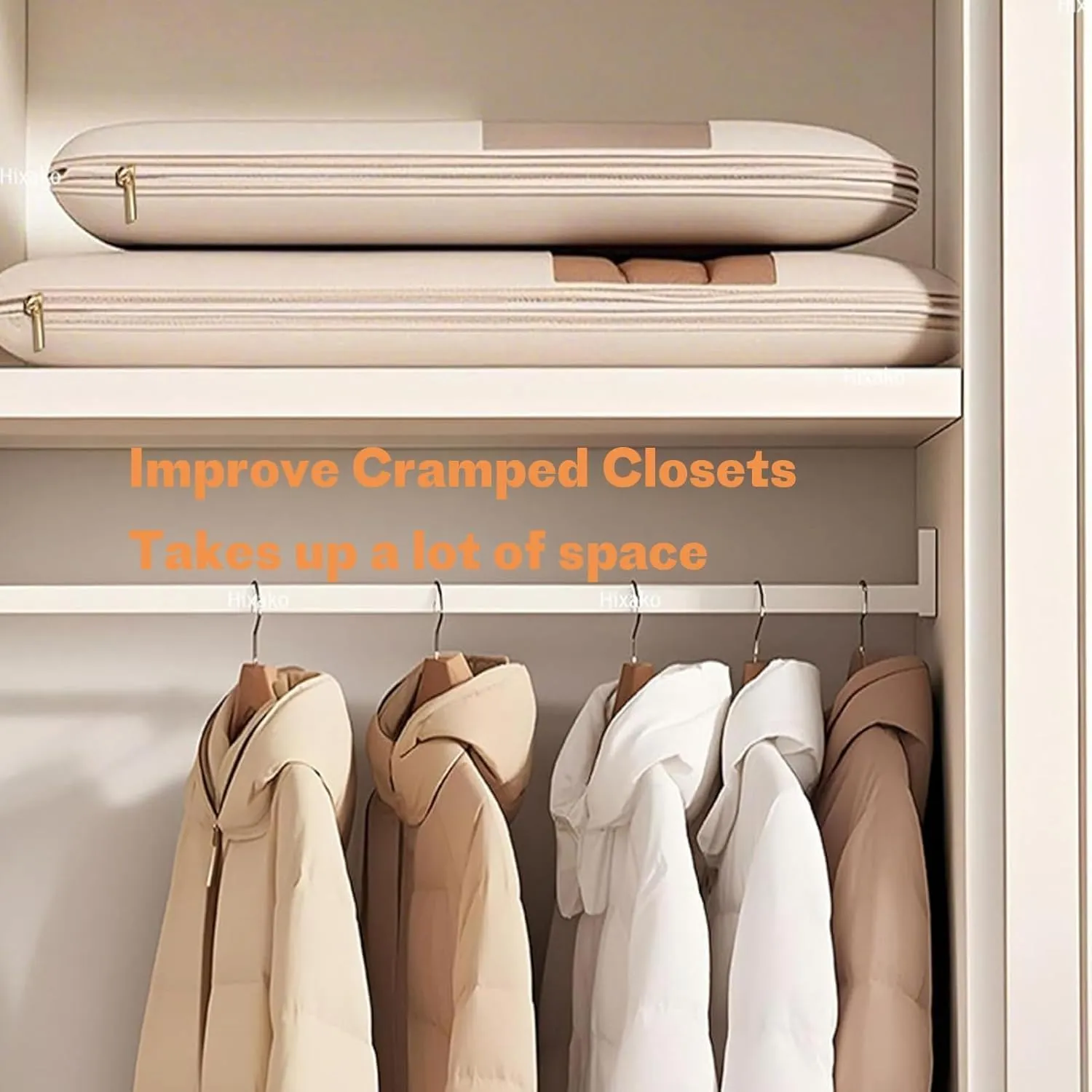 Otherwise Garment Bags For Hanging Clothes Space Saving With Self Compression Zipper, Otherwisie Storage Bags Dust Cover Clothes Bags For Down Coat For Closet Storage (Beige, M)