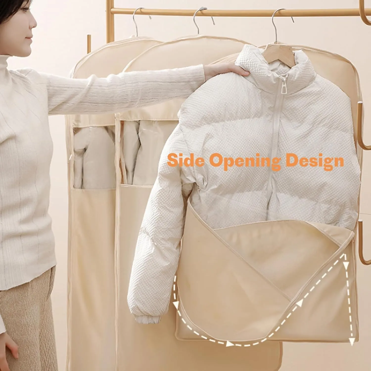 Otherwise Garment Bags For Hanging Clothes Space Saving With Self Compression Zipper, Otherwisie Storage Bags Dust Cover Clothes Bags For Down Coat For Closet Storage (Beige, M)
